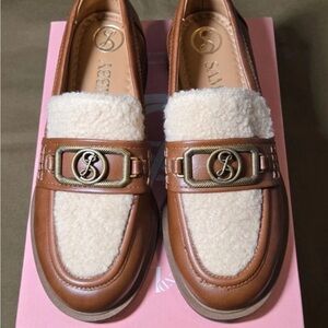 Sam & Libby Brown Loafers with Cream Shearling Trim